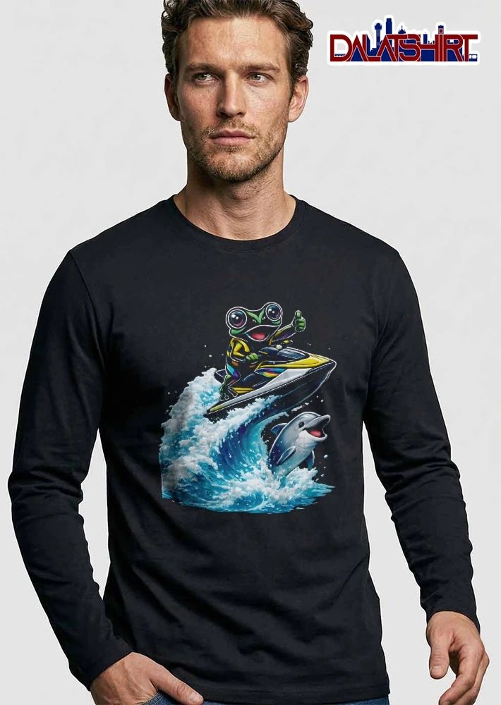 Cartoon Green Frog Giving Thumbs Up Riding Jet Ski Ocean Wave Dolphin shirt