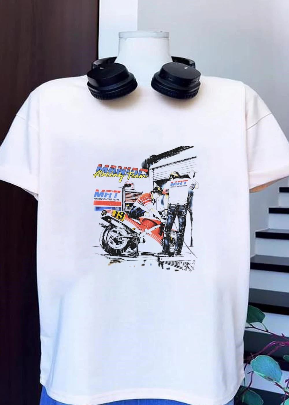 Maniac Racing Team Mechanic Working on Red Racing Motorcycle MRT shirt