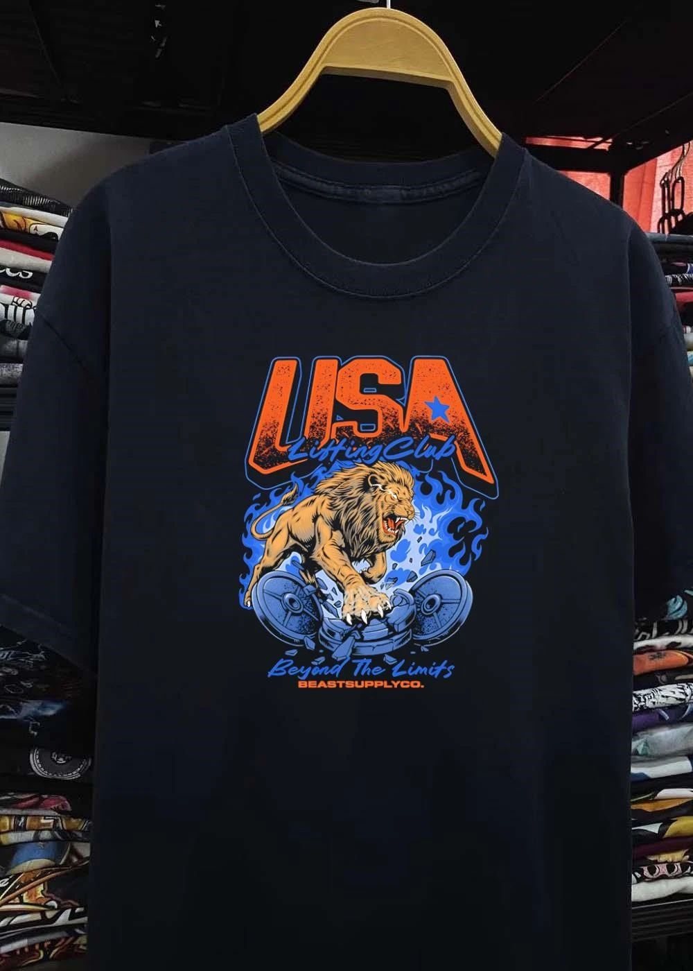 BeastSupplyCo USA Lifting Club Lion Breaking Plates Beyond the Limits T-Shirt