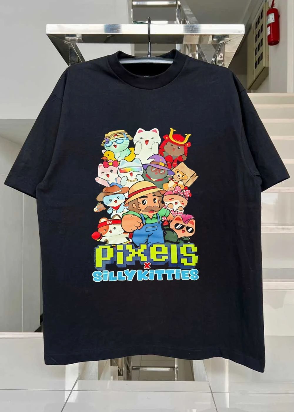 Pixels X Silly Kitties Cute Cats Character Mashup Cotton T-Shirt