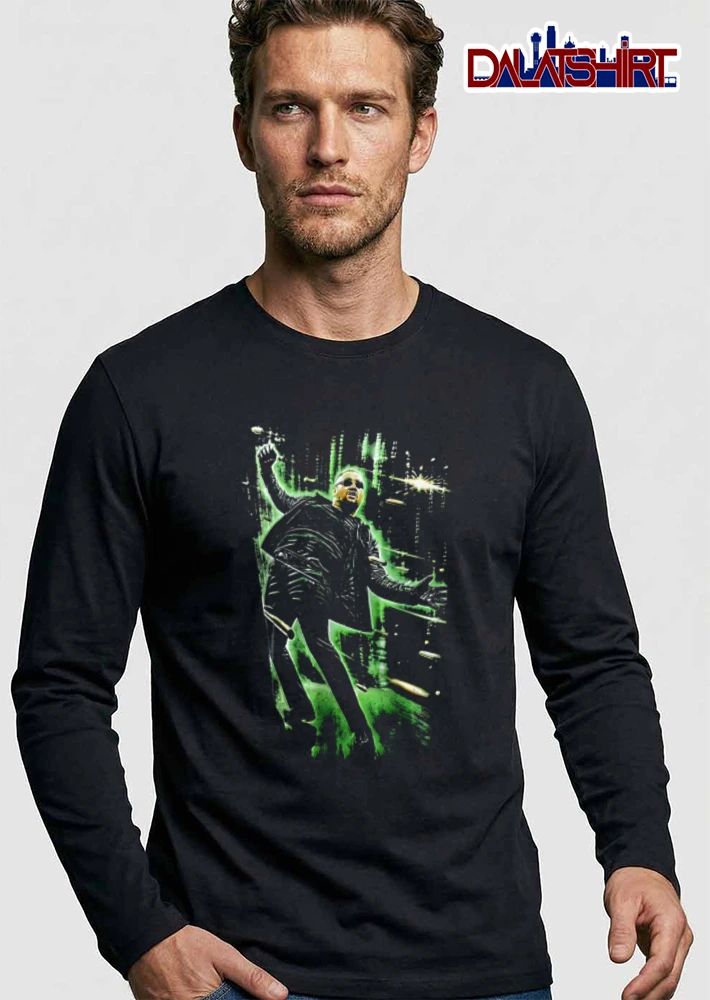 Man In Sunglasses Leaning Back Dodging Bullets Green Matrix Code shirt