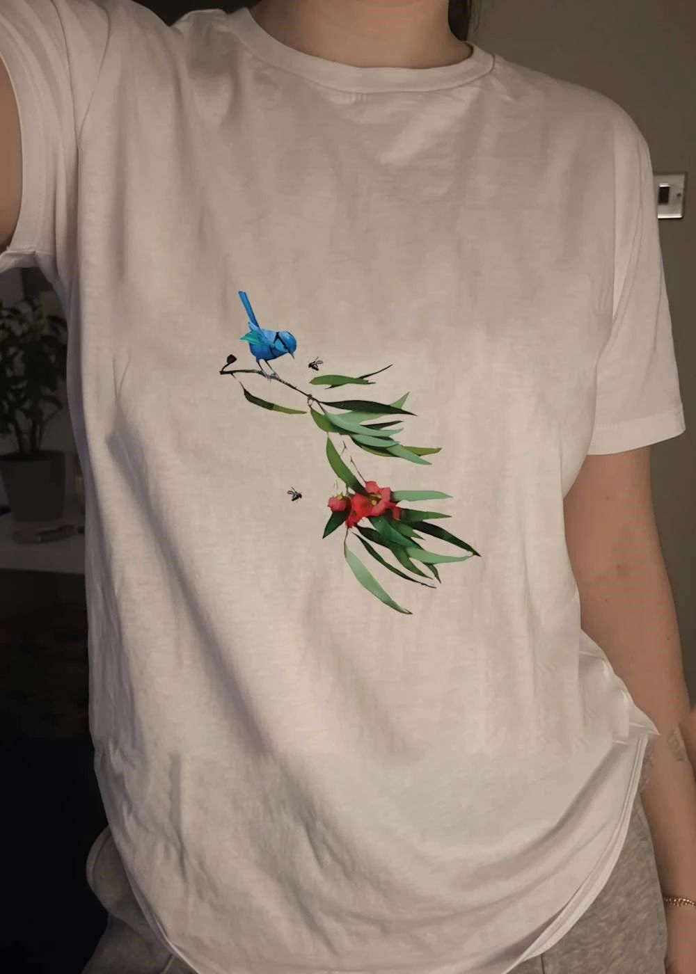 Blue Wren Perched on Eucalyptus Branch Bird shirt