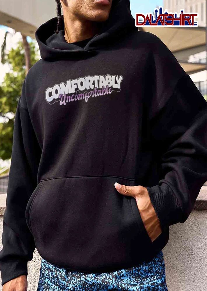 Comfortably Uncomfortable White Bubble Letters Purple Cursive Script shirt