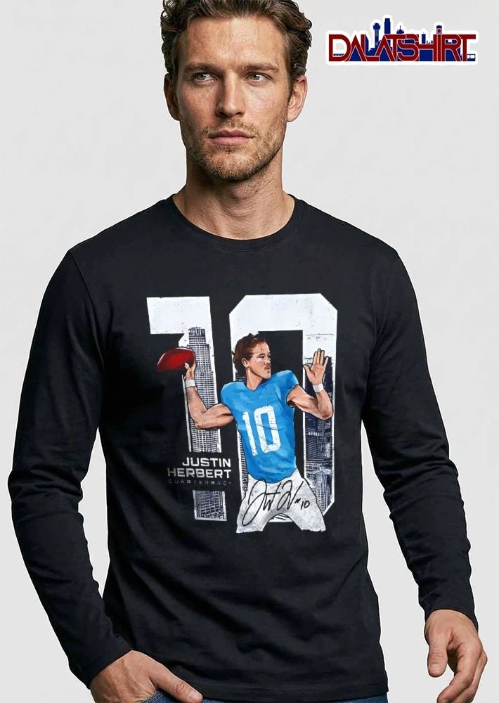 Justin Herbert Quarterback Throwing Football City Skyline Number 10 Signature shirt