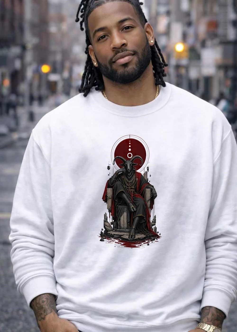 Anthropomorphic Black Horned Goat King Seated On Stone Throne Red Robe Halo shirt