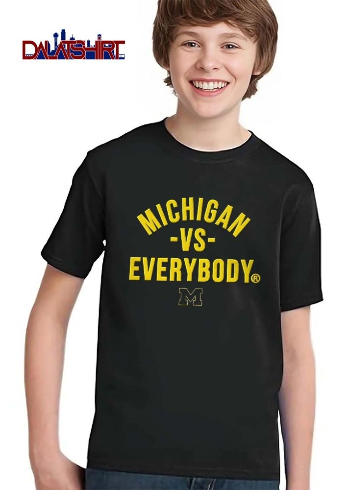 Michigan Wolverines NCAA Michigan Vs Everybody Yellow Arched Text Block M Logo shirt