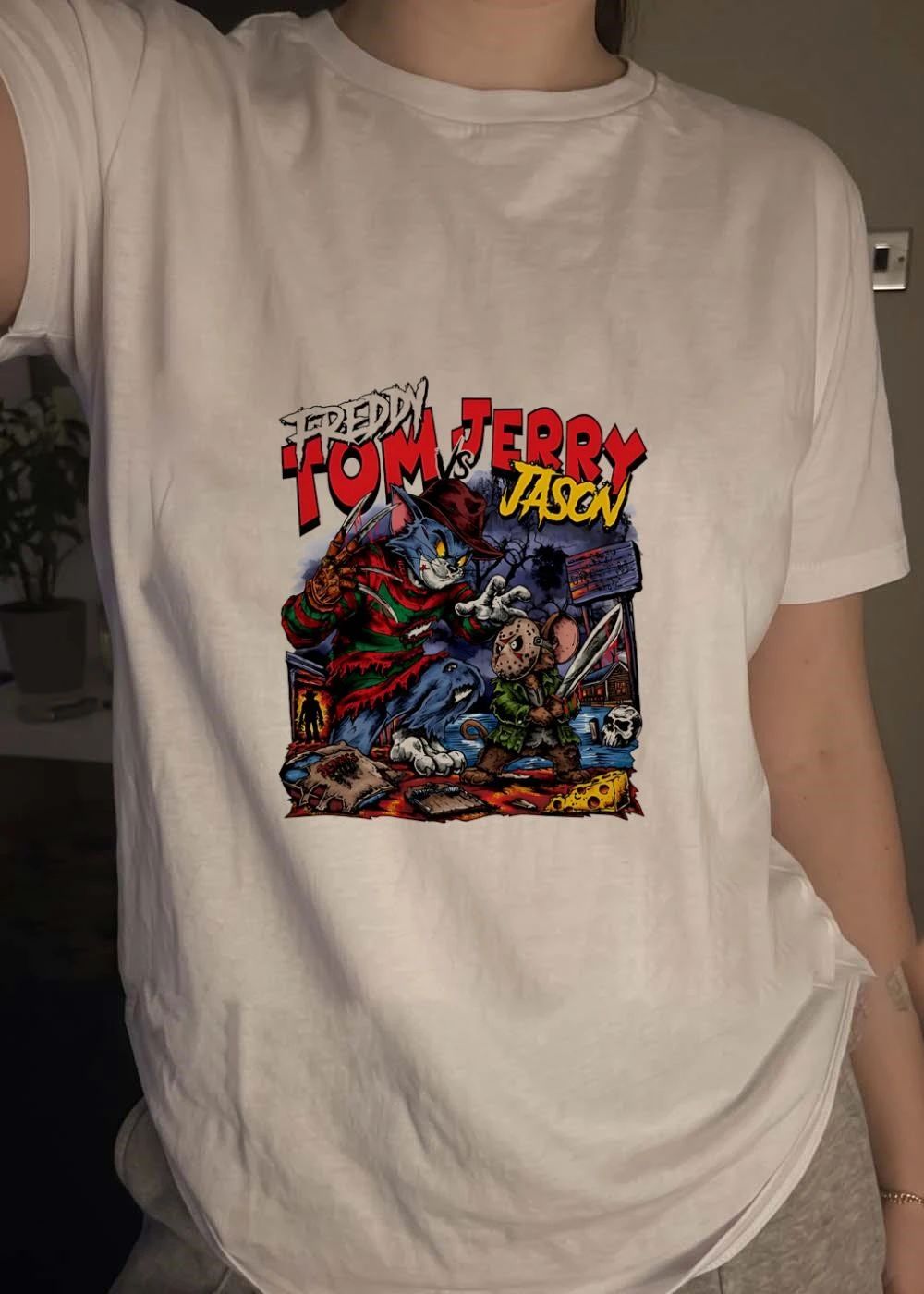 Horror Mashup Tom vs Jerry Freddy vs Jason Graphic T-Shirt