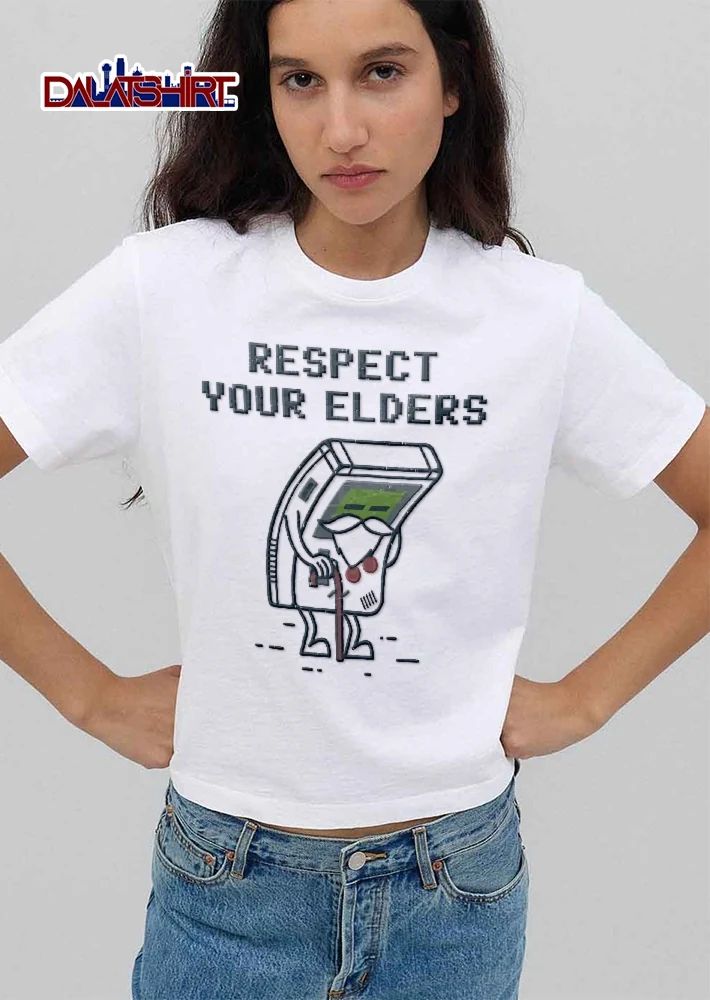 Respect Your Elders Distressed Cartoon Elderly Game Boy Walking Cane shirt