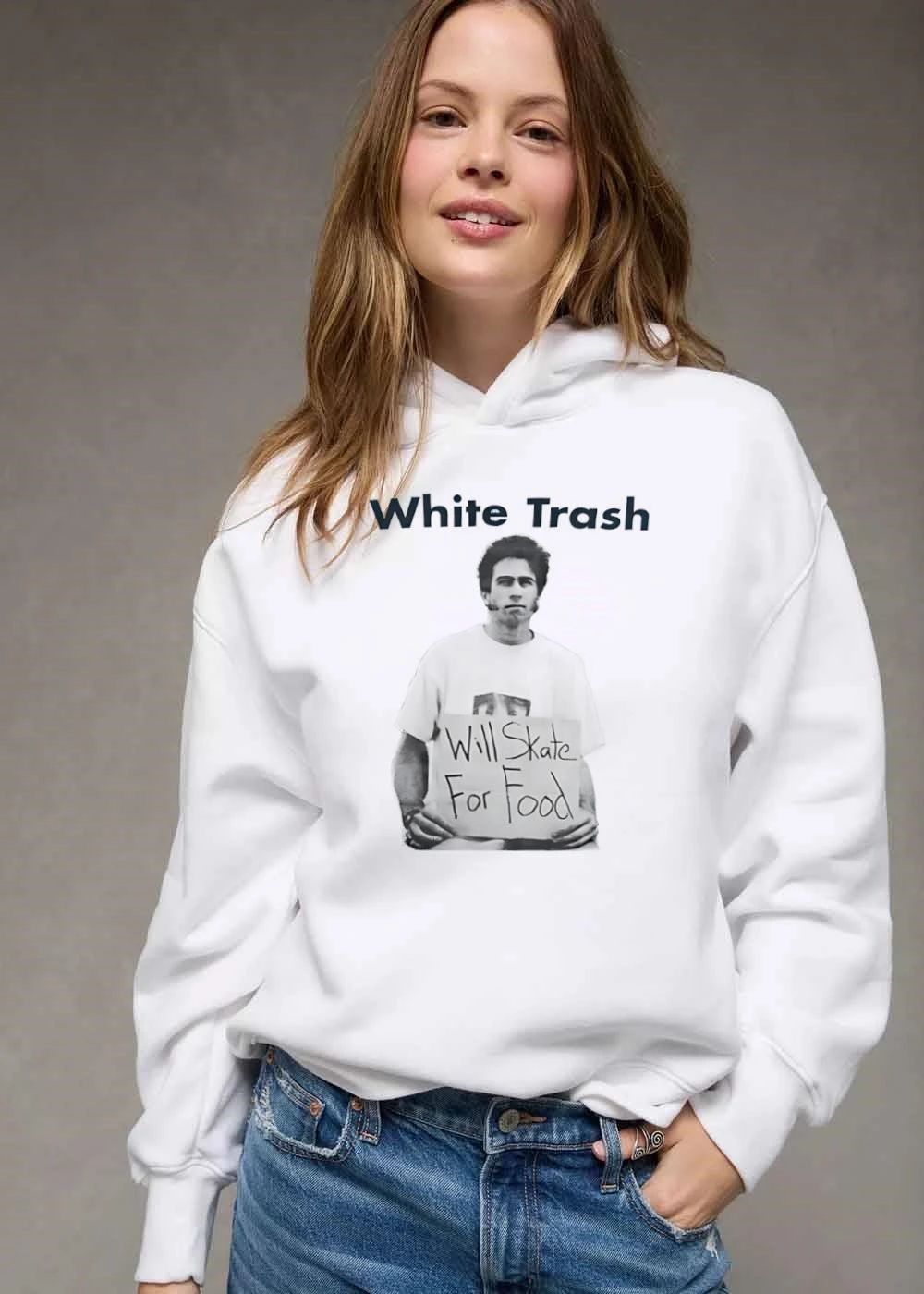 White Trash Will Skate For Food Man Holding Sign Cutout Photo shirt