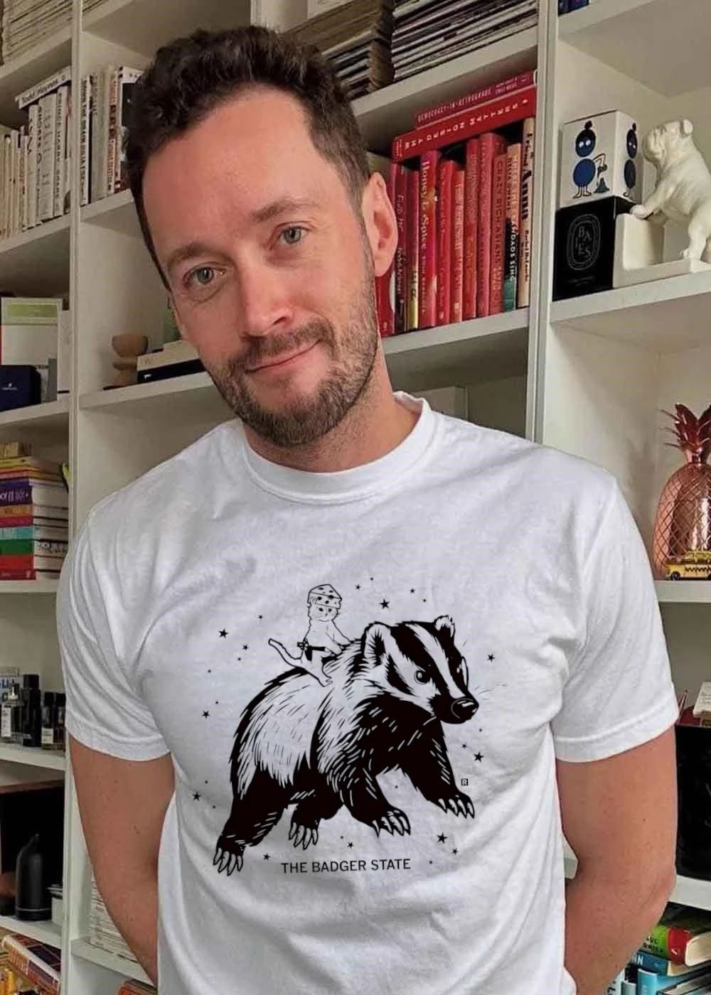 The Badger State Kitten Wearing a Cheese Hat Riding a Badger shirt