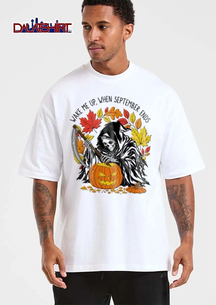 Wake Me Up When September Ends Grim Reaper Carving Jack O Lantern Autumn Leaves shirt