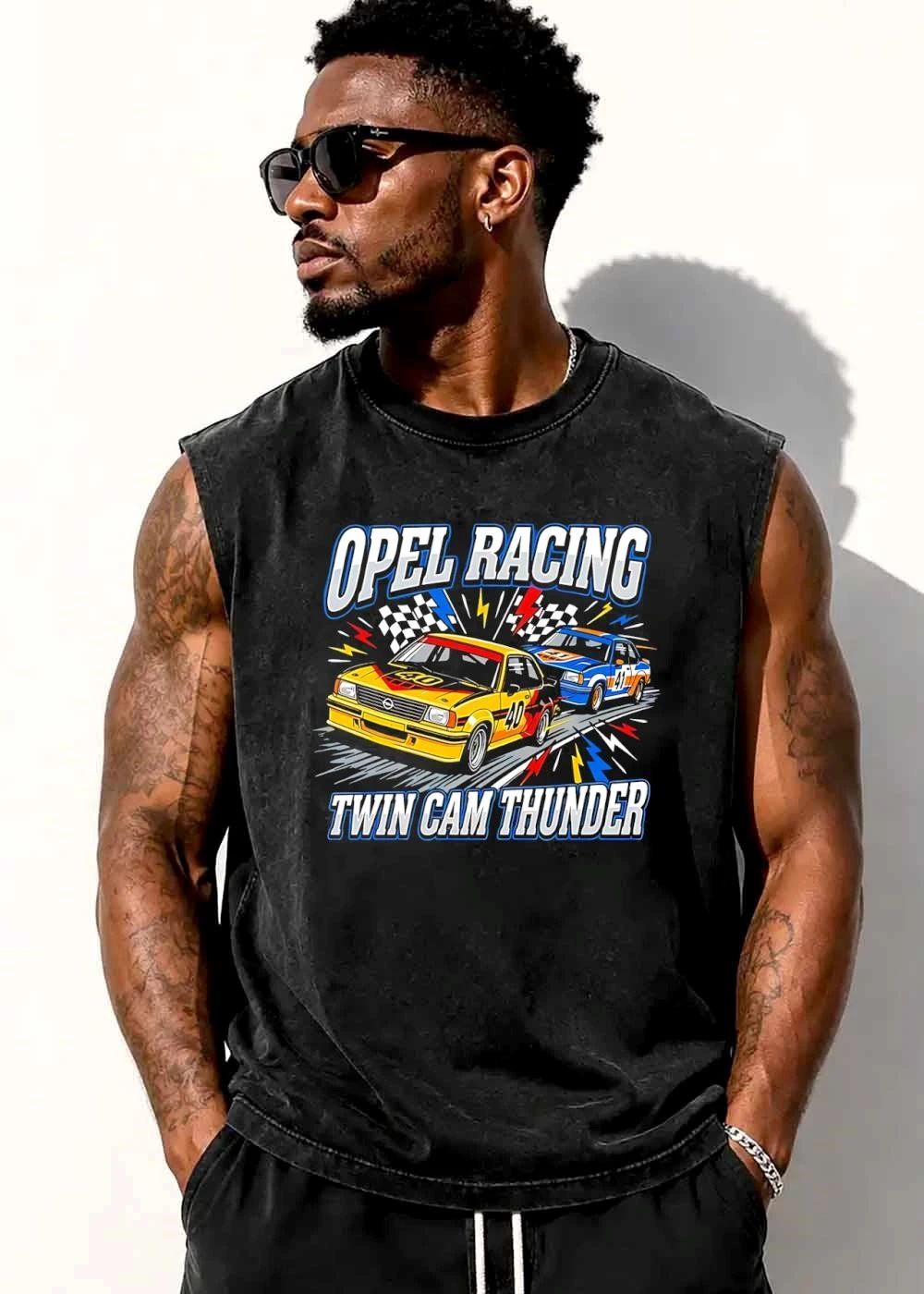 Opel Racing Twin Cam Thunder Yellow Blue Race Cars Checkered Flags Lightning shirt