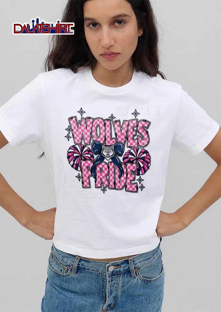 Wolves Pride Pink Checkered Cheerleading Pompoms Wolf Bow shirt