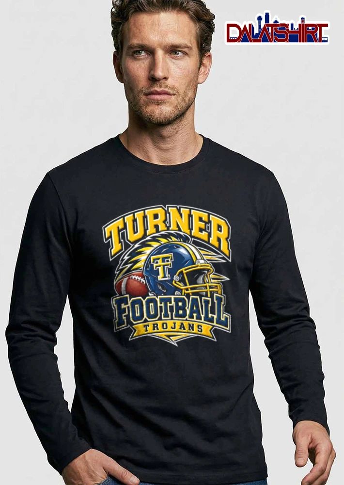 Turner Trojans Football Blue Yellow Helmet Plume Brown Pigskin shirt