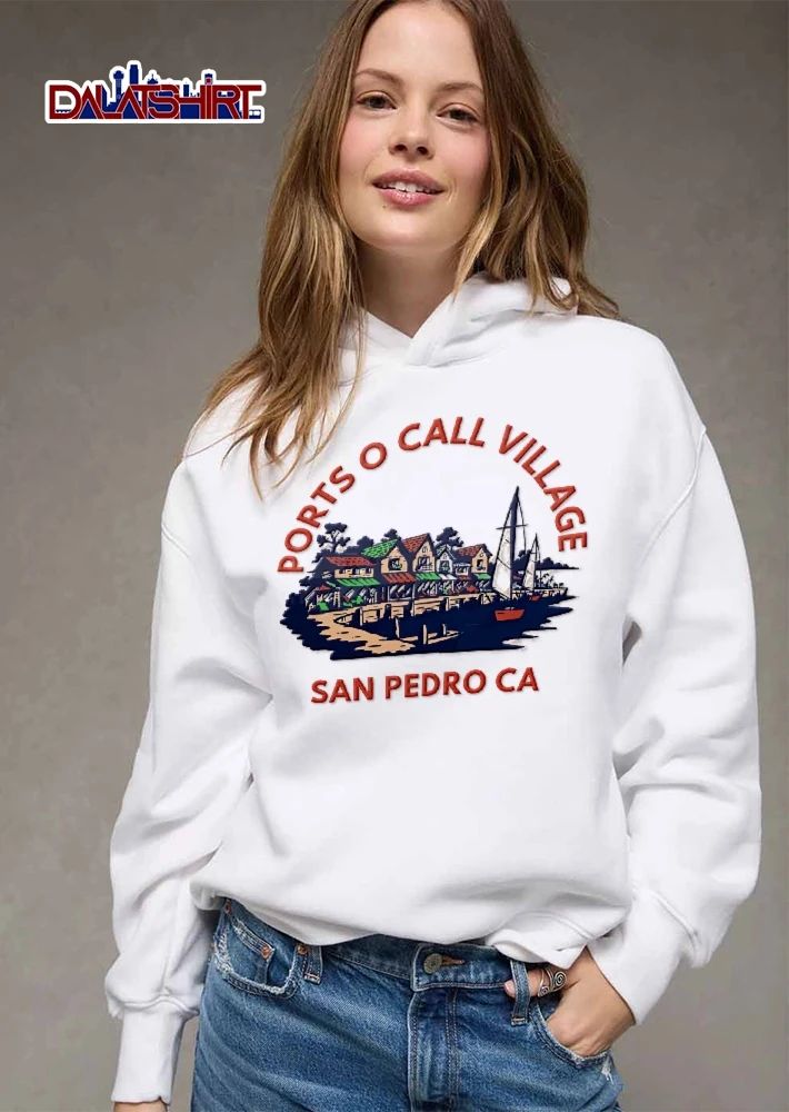 Ports O Call Village San Pedro CA Vintage Waterfront Buildings Sailboat Dock Harbor Illustration shirt