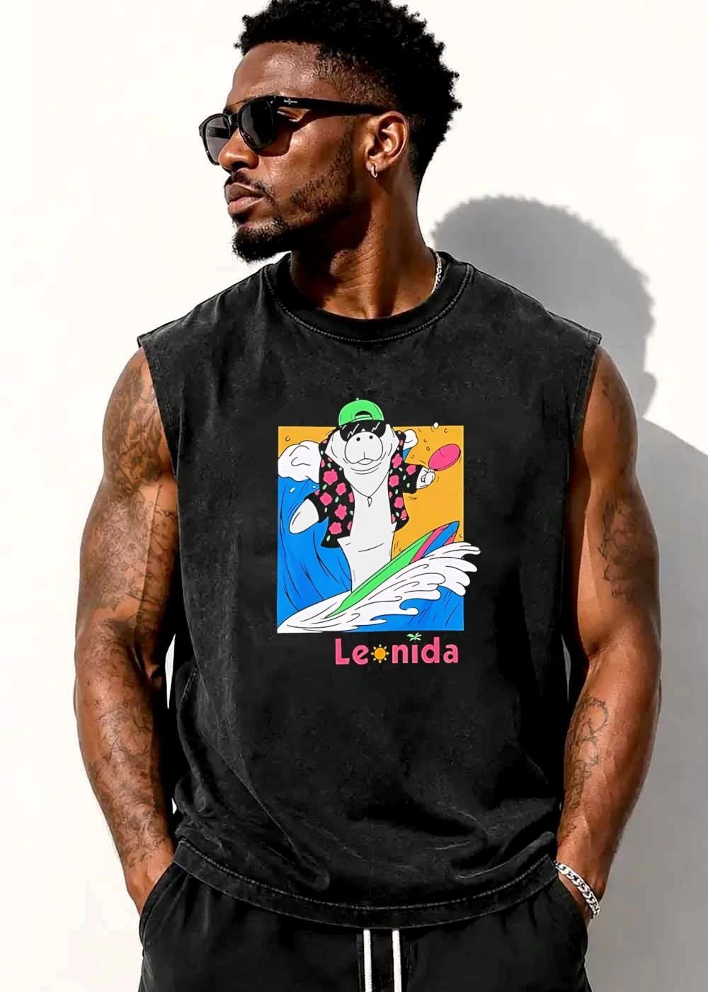 Leonida Cartoon Surfing Manatee Sunglasses Paddle Ocean Wave shirt