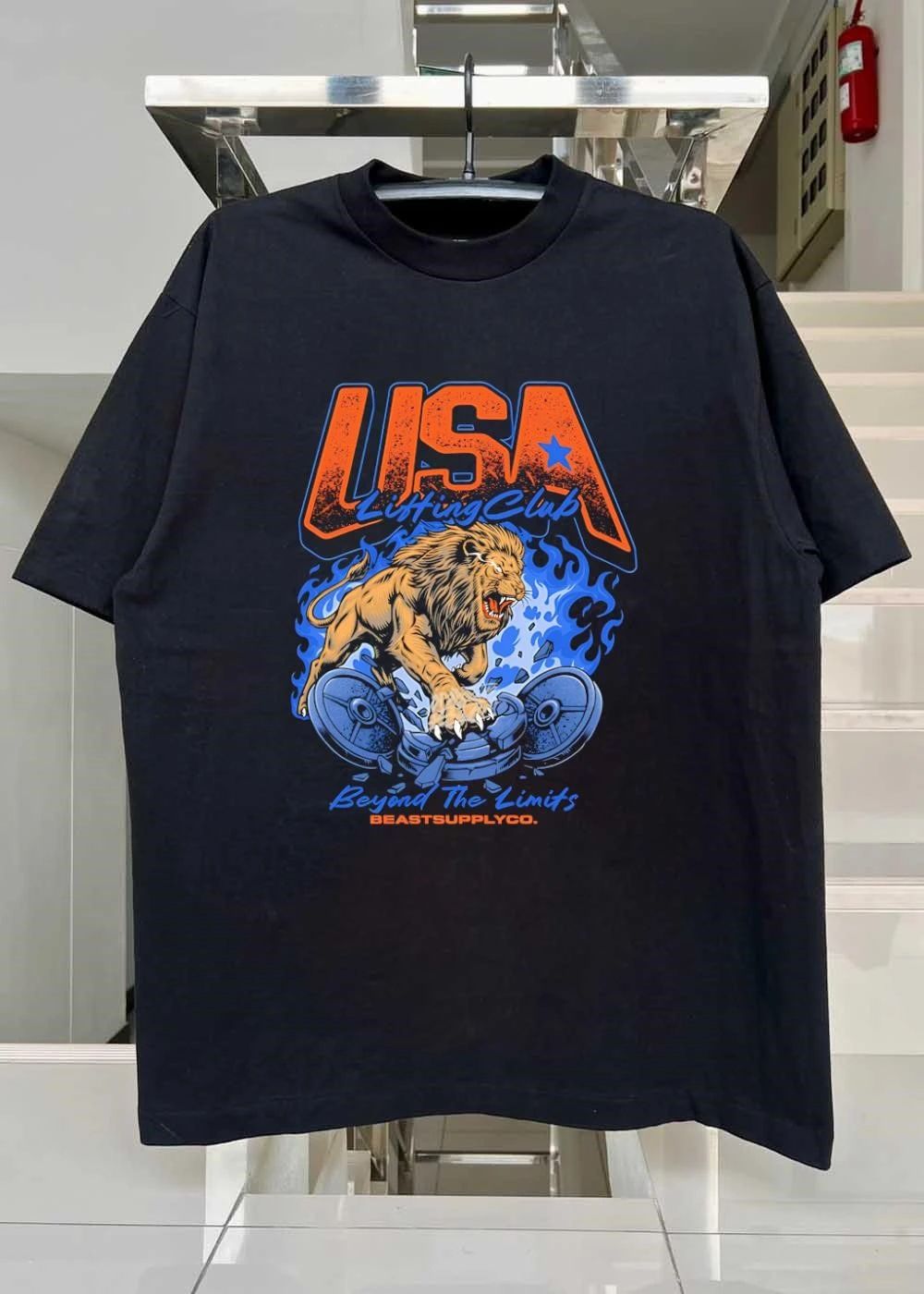 BeastSupplyCo USA Lifting Club Lion Breaking Plates Beyond the Limits T-Shirt