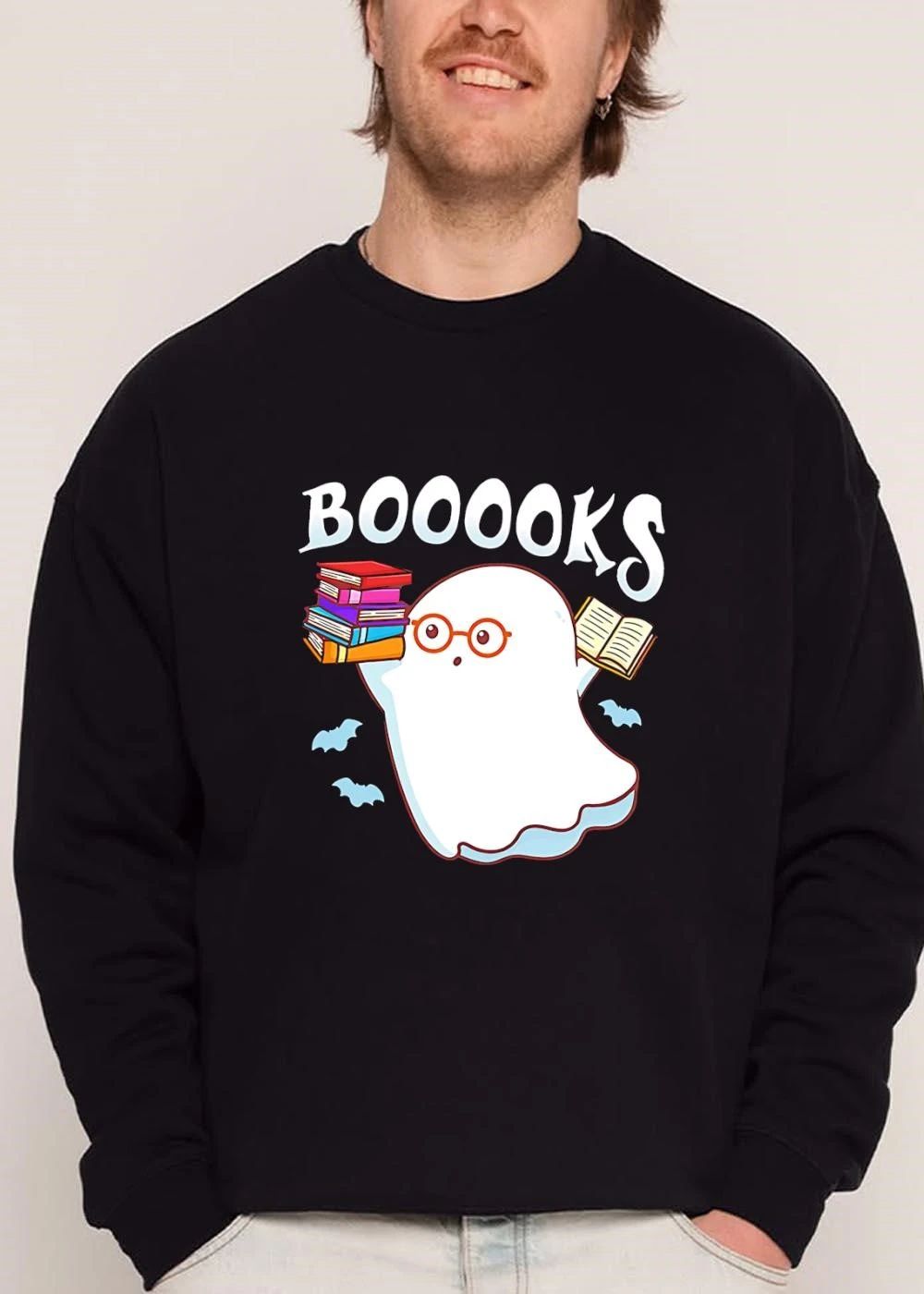 Booooks Cartoon Ghost Spectacles Holding Stacked Novels shirt