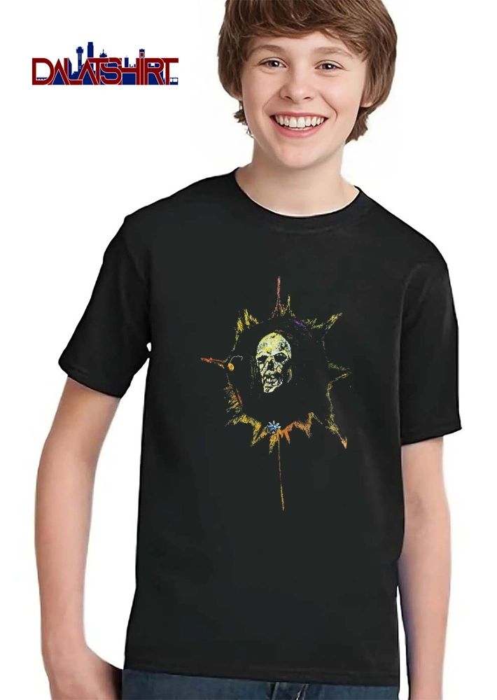Yellow Spiky Sunburst Frame Hooded Skull Face Blue Flower Distressed Sketch Art shirt