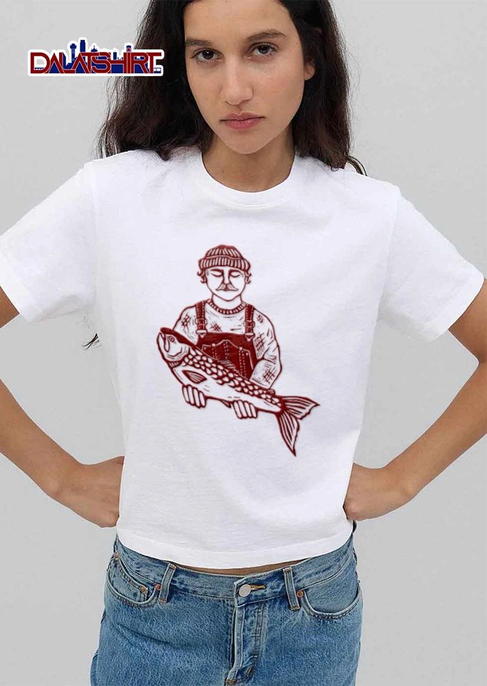 Red Line Art Fisherman Beanie Sweater Overalls Holding Big Fish shirt