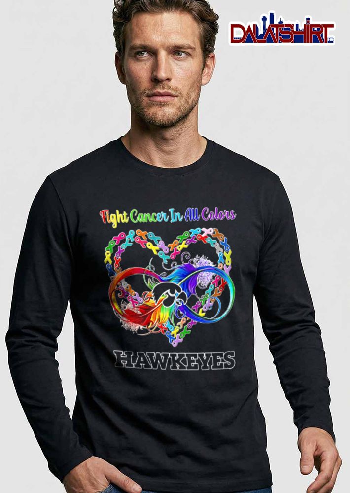 Iowa Hawkeyes NCAA Fight Cancer In All Colors Rainbow Infinity Feather Ribbon Heart shirt