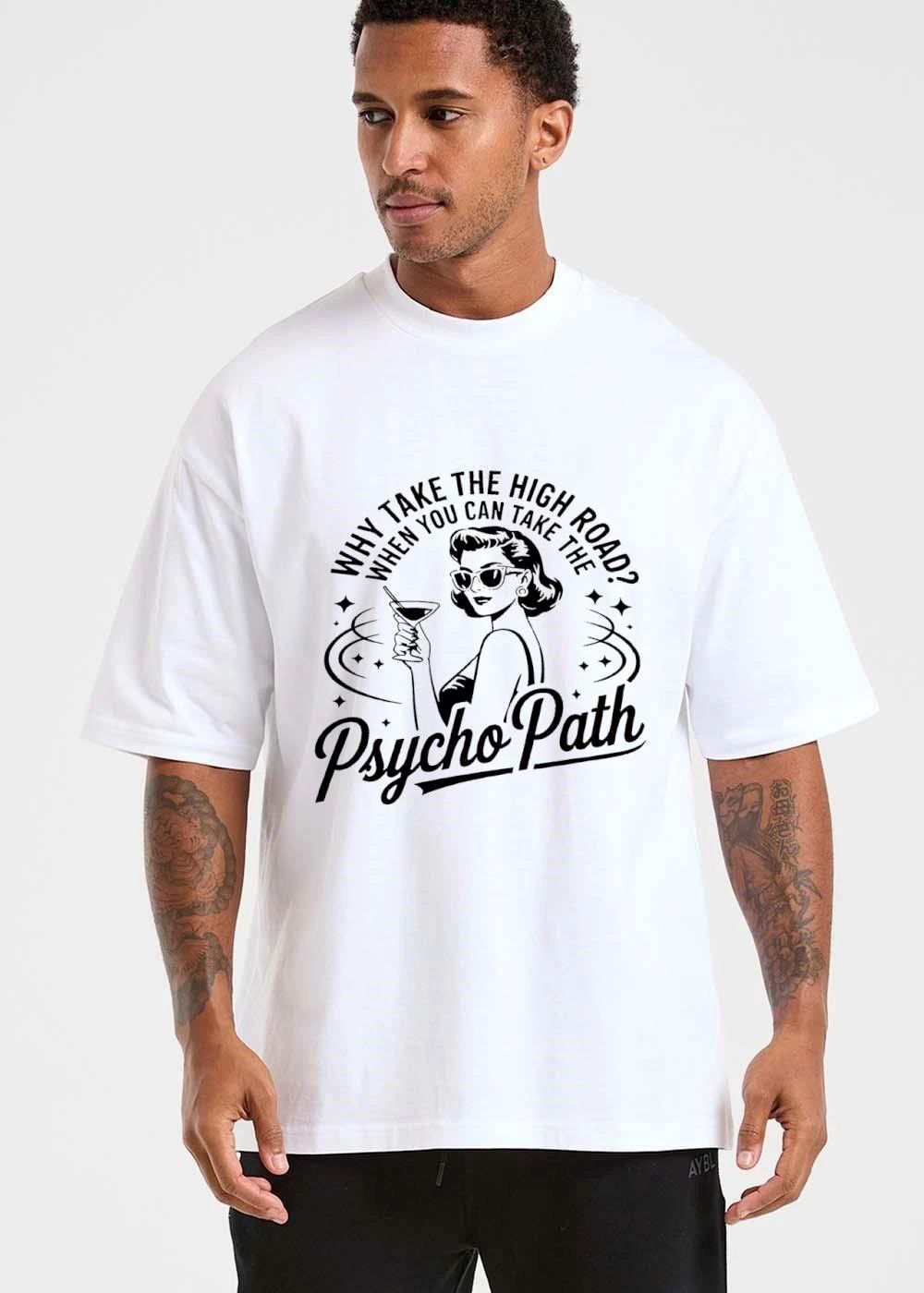 Why Take The High Road When You Can Psycho Path Retro Woman Holding Cocktail Glass Line Art shirt
