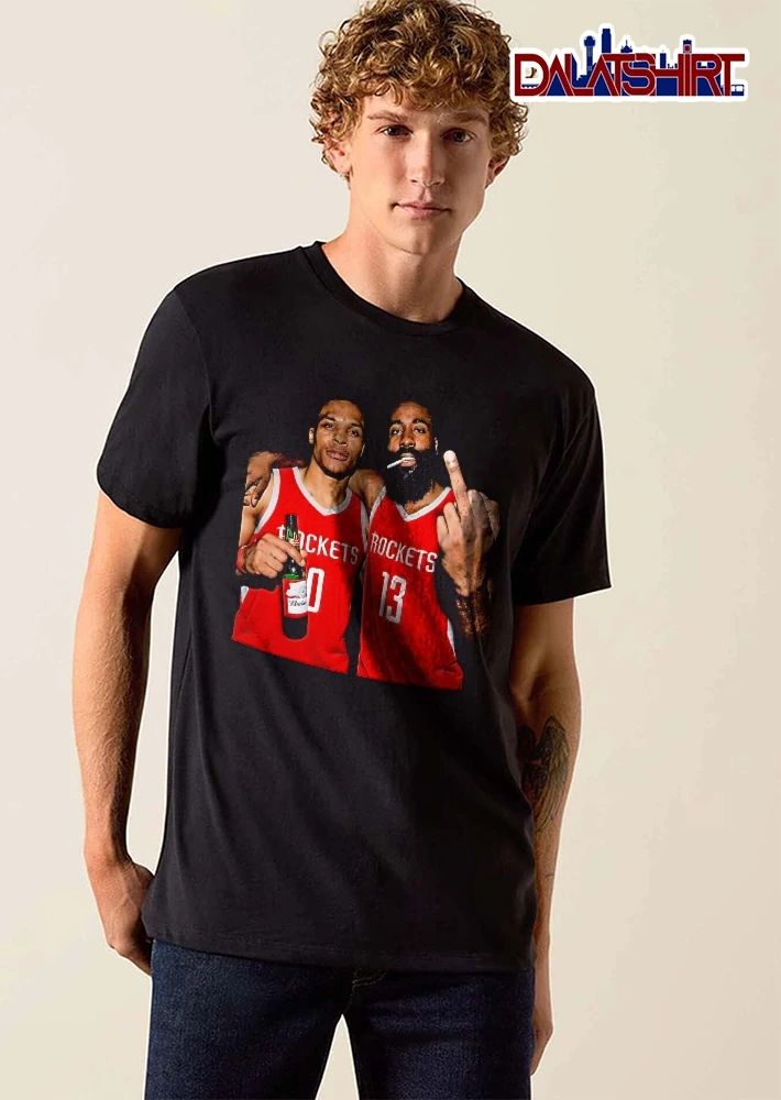 Houston Rockets 0 and 13 Russell Westbrook and James Harden cigarette beer middle finger shirt