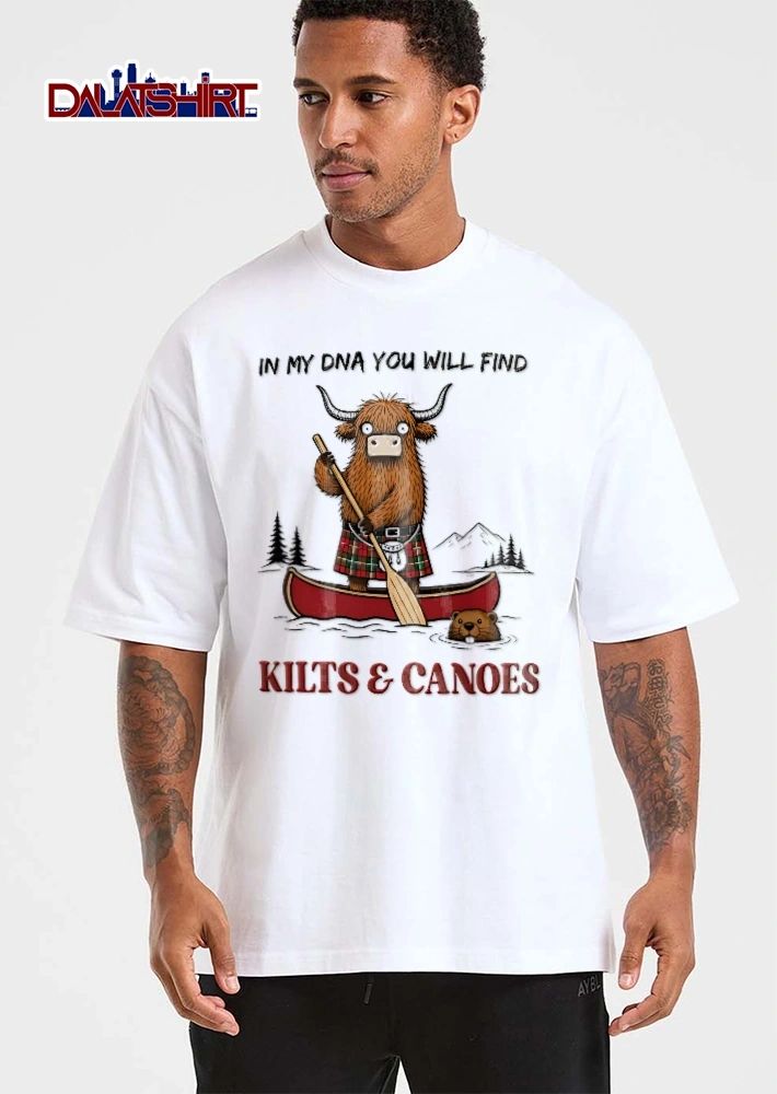 In My Dna You Will Find Kilts And Canoes Cartoon Highland Cow Paddling Beaver shirt