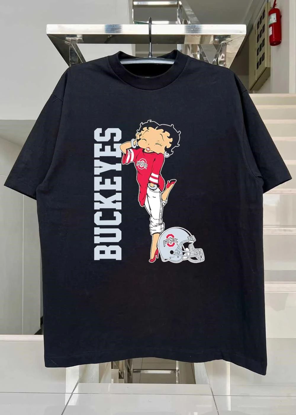 Betty Winking and Posing in Buckeyes Ohio State Helmet shirt