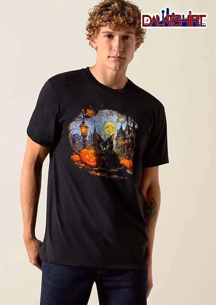 Vintage Black Cat Glowing Jackolantern Haunted Mansion Full Moon shirt
