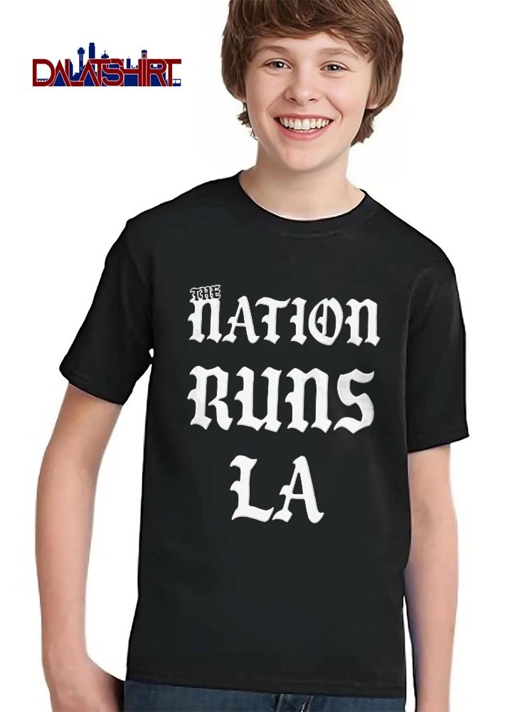 The Nation Runs LA White Old English Gothic Text Lettering shirt