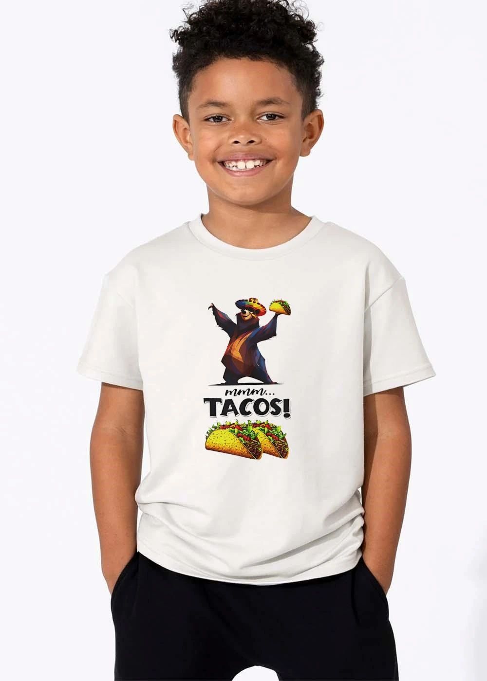 Mmm Tacos Cartoon Bear Wearing Colorful Sombrero Holding Food shirt