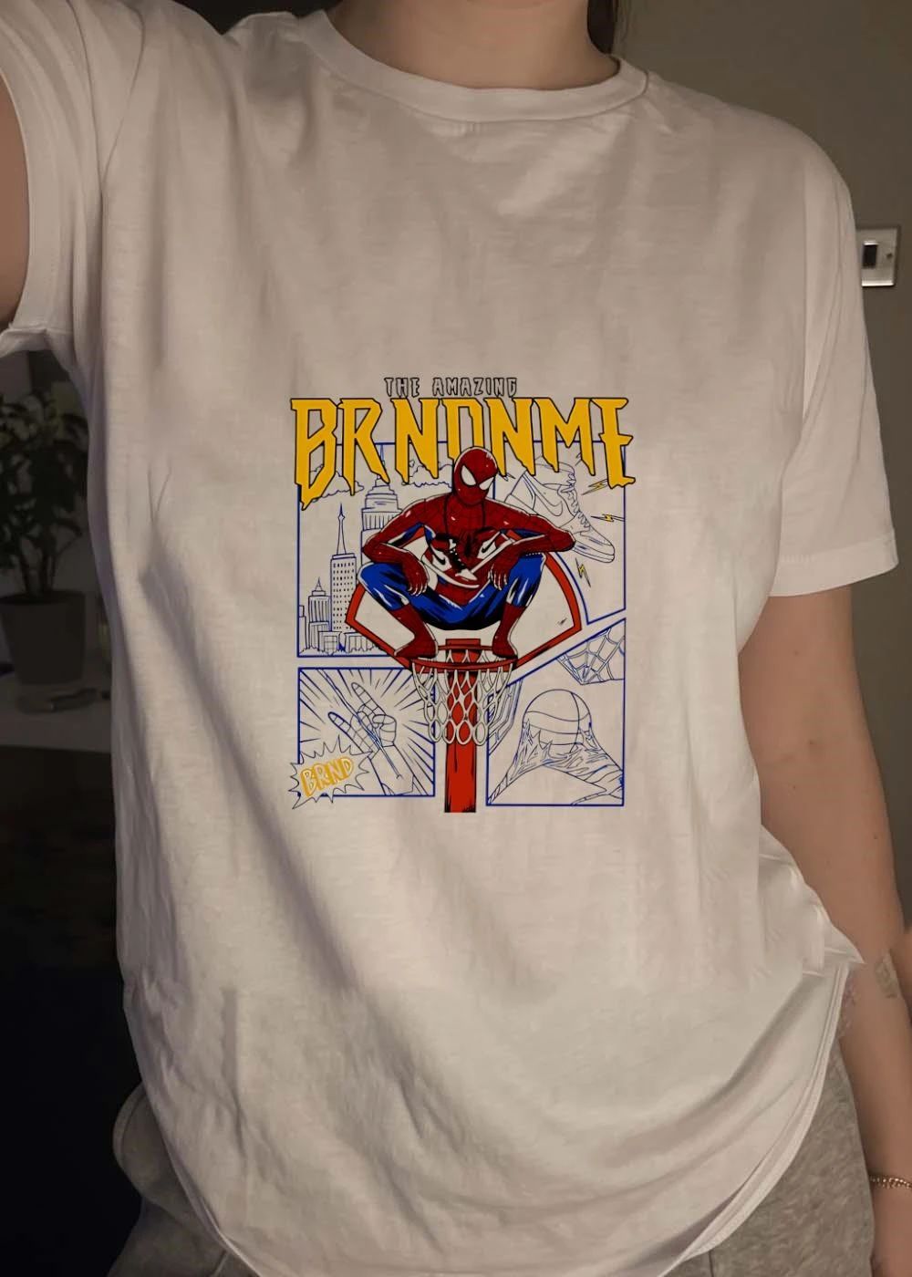 The Amazing Brndnme Spider-Man Squatting on Basketball Hoop T-Shirt