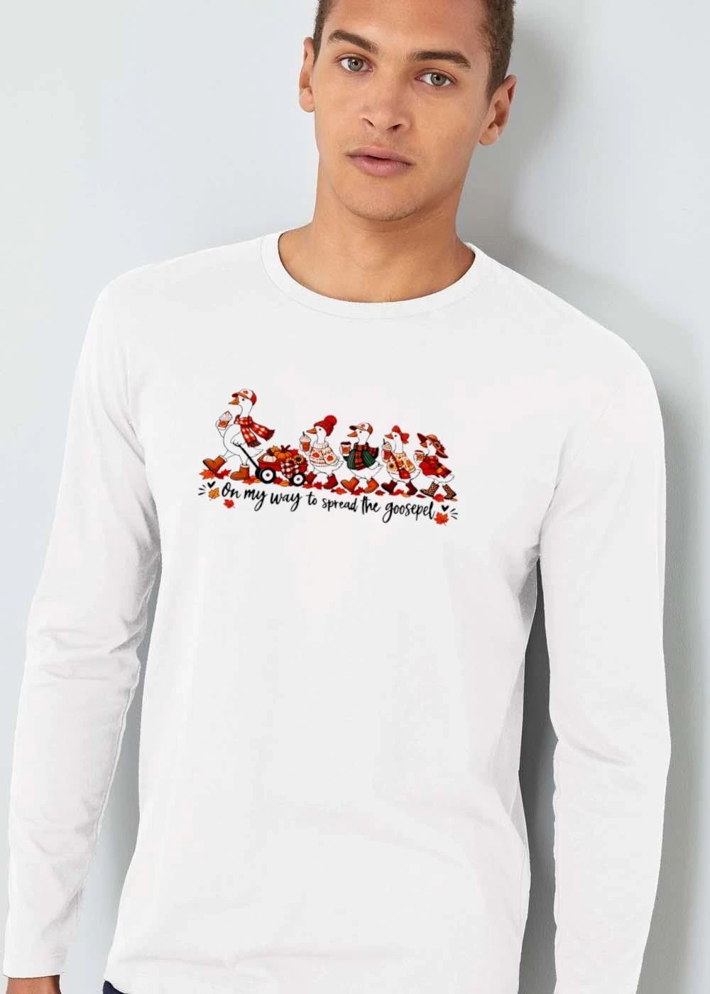 On My Way To Spread The Goosepel Cartoon Geese Autumn Clothes Red Wagon Pumpkins Coffee Leaves shirt