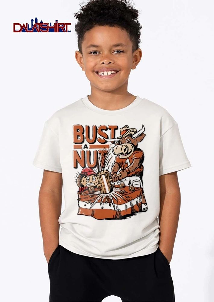 Bust A Nut Cartoon Longhorn Mascot Smashing Buckeye Character Wooden Mallet shirt