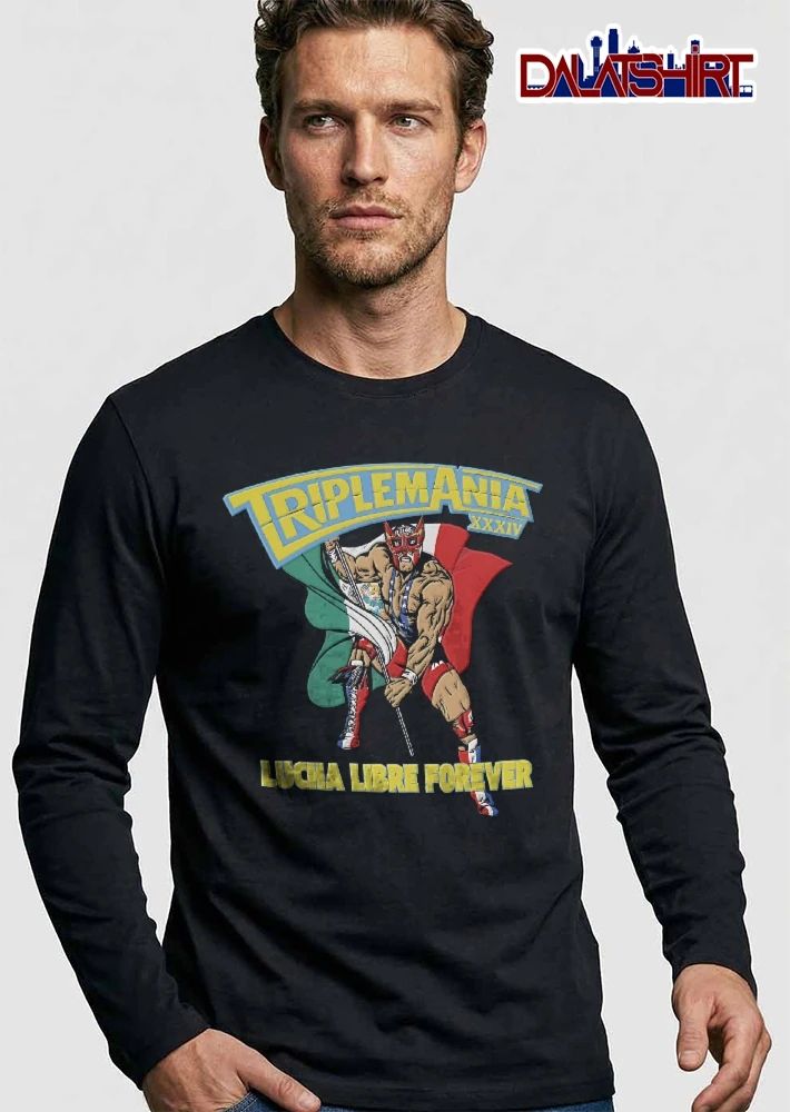 Triplemania Xxxiv Lucha Libre Forever Masked Wrestler Holding Mexican Flag Comic Line Art shirt