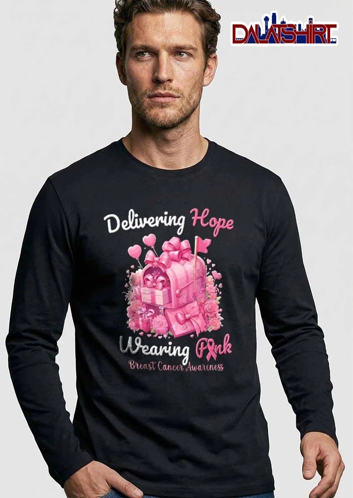 Delivering Hope Wearing Pink Breast Cancer Awareness Mailbox Wrapped Presents Heart Balloons Flowers shirt