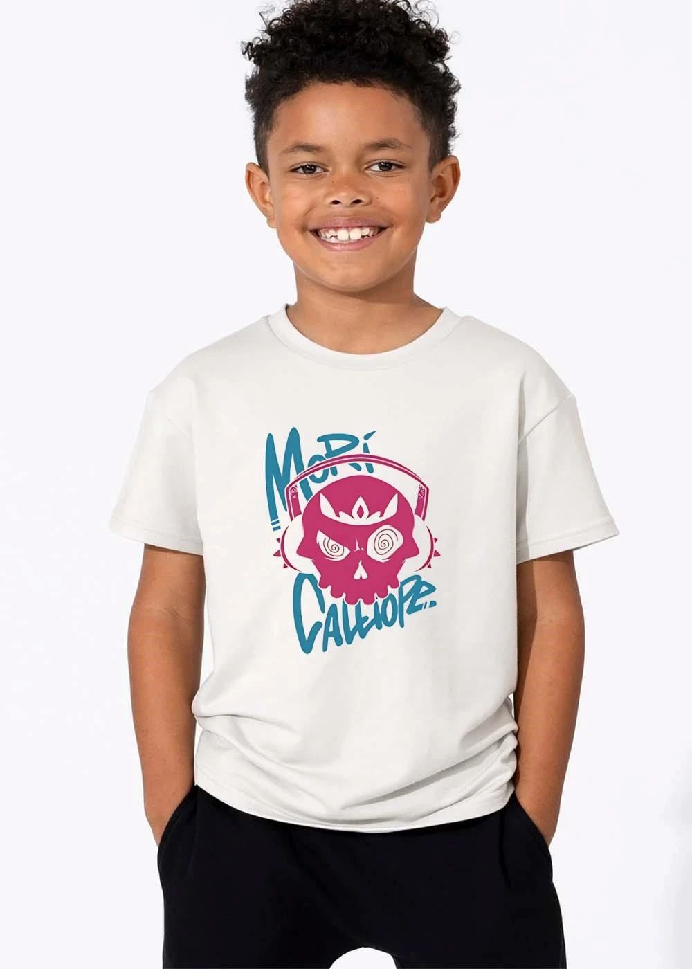 Mori Calliope Pink Skull Swirl Eyes Crown Headphones Blue Text shirt