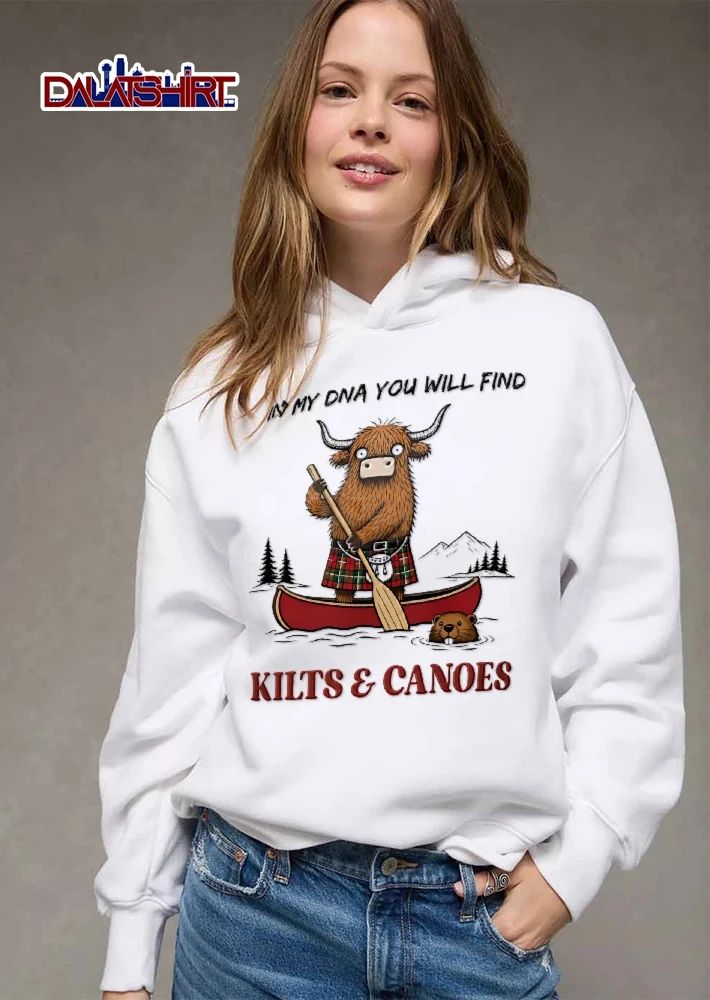 In My Dna You Will Find Kilts And Canoes Cartoon Highland Cow Paddling Beaver shirt