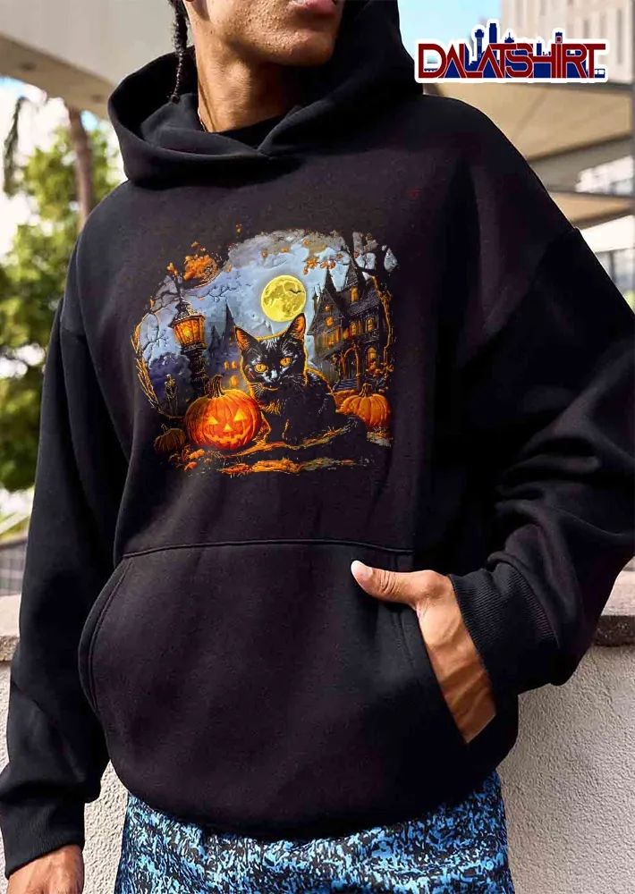 Vintage Black Cat Glowing Jackolantern Haunted Mansion Full Moon shirt