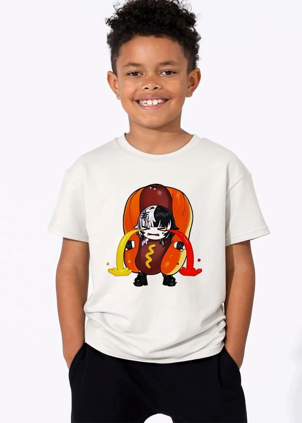 Chibi Anime Girl In Hot Dog Costume Crying Mustard And Ketchup Tears Cartoon Illustration shirt