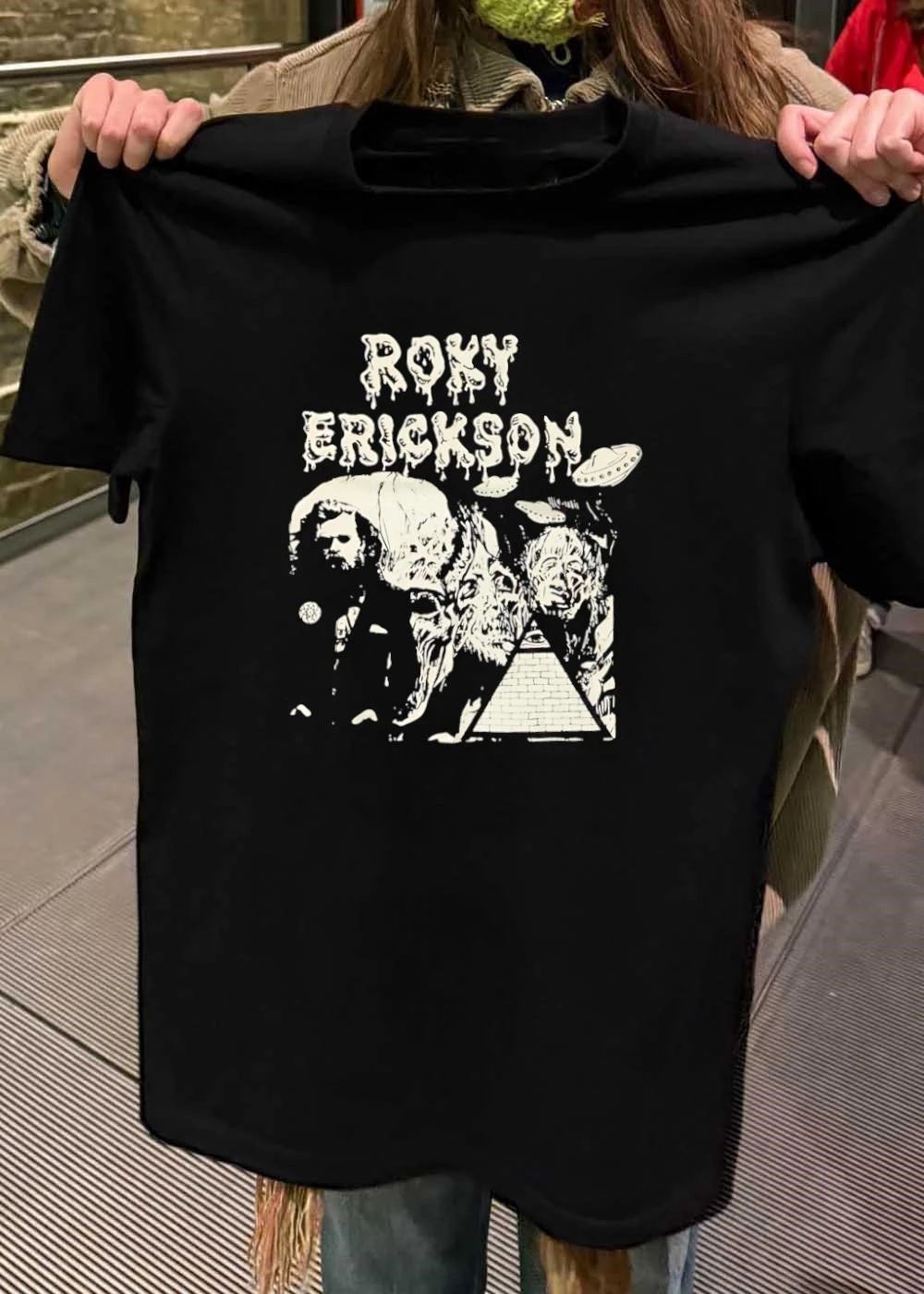 Psychedelic Rock Icon Roxy Erickson Dripping Font UFO Pyramid Black T-Shirt