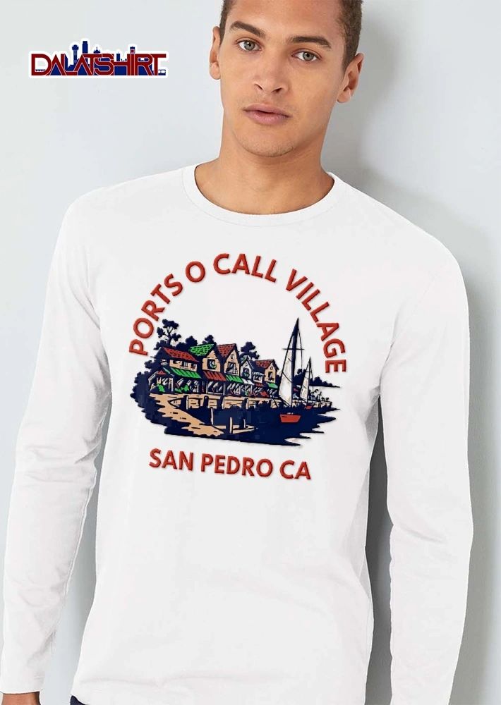 Ports O Call Village San Pedro CA Vintage Waterfront Buildings Sailboat Dock Harbor Illustration shirt