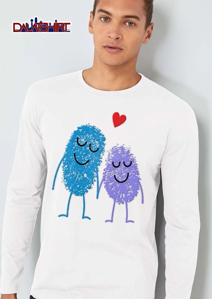 Blue Purple Fingerprint Characters Holding Hands Red Heart Cartoon shirt