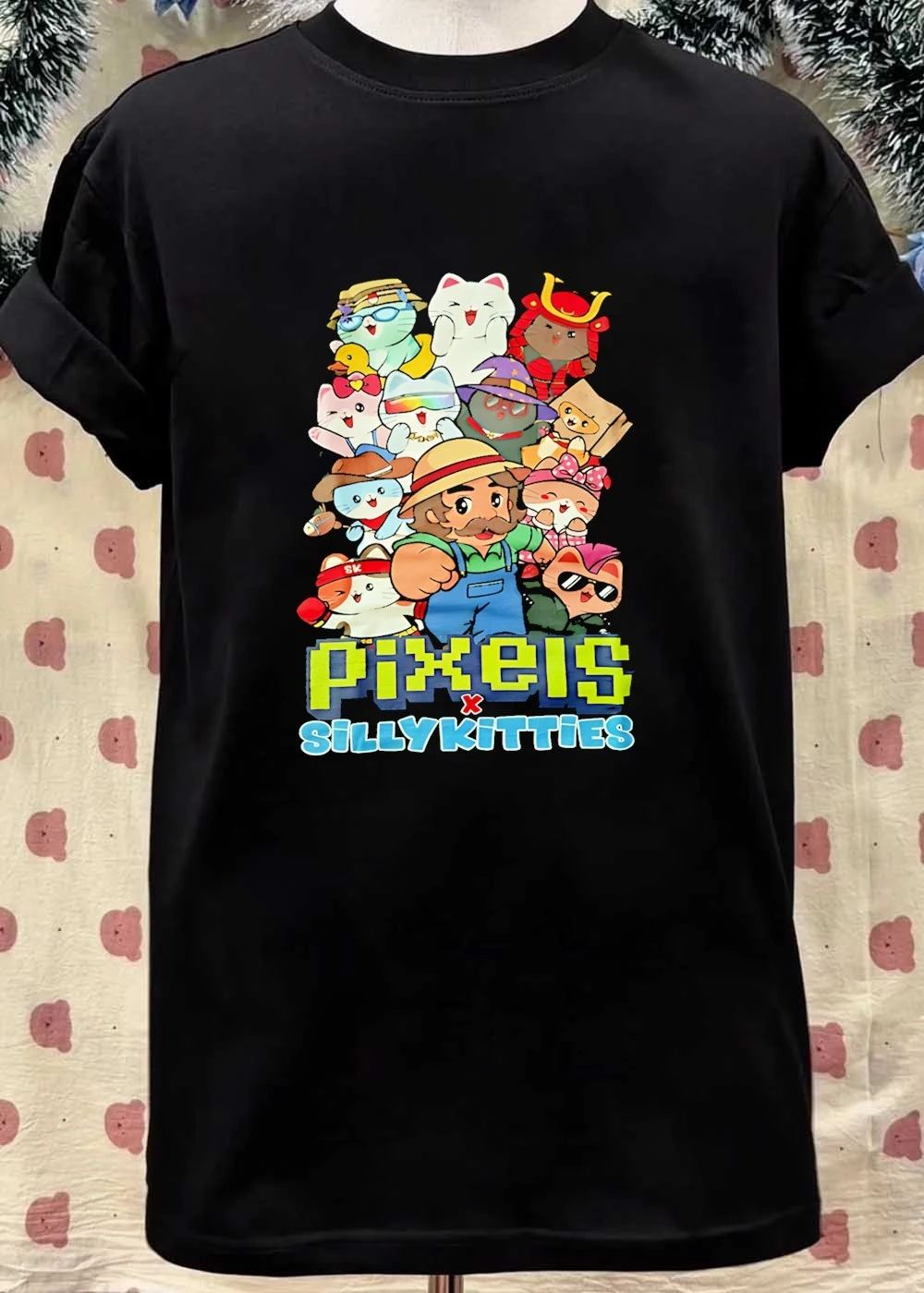 Pixels X Silly Kitties Cute Cats Character Mashup Cotton T-Shirt