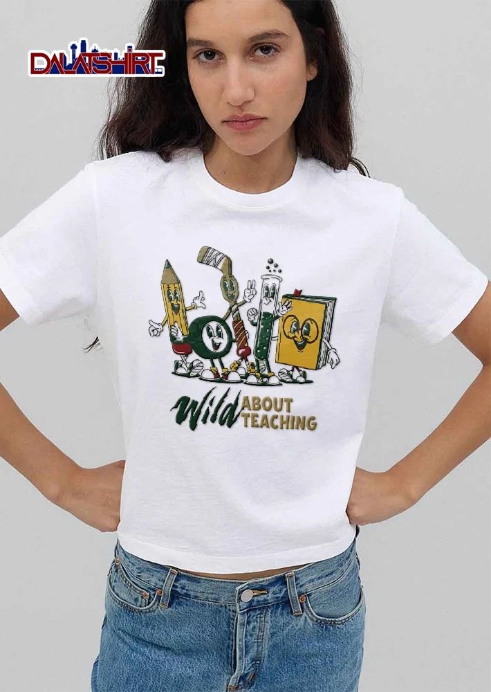 Wild About Teaching Retro Cartoon Pencil Puck Book Characters shirt