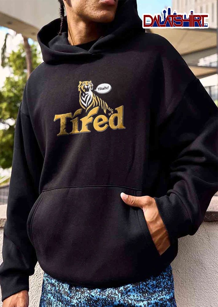 Tired Yawn Sleepy Tiger Mascot Yellow Serif Text Cartoon shirt