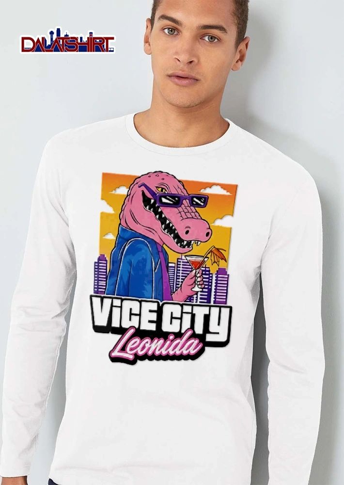 Vice City Leonida Pink Alligator Sunglasses Cocktail Cityscape Cartoon shirt