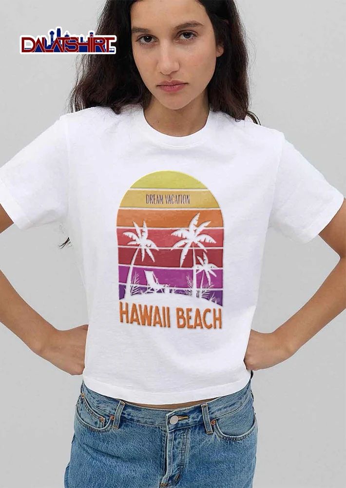 Dream Vacation Hawaii Beach Retro Sunset Arch Silhouette Palm Trees Lawn Chair shirt