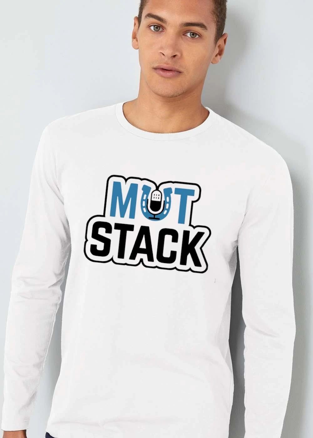 Mut Stack Blue Text Horseshoe Podcast Microphone Icon White Outline shirt